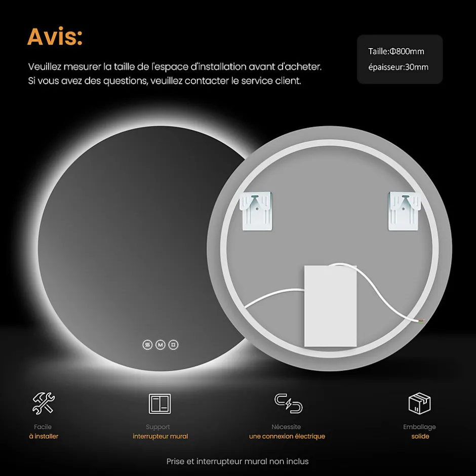 EMKE Miroir lumineux salle de bain rond 80cm, rétro-éclairage, Interrupteur Tactile, Anti-buée, LED Lumière Froide/Neutre/Chaude