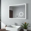 EMKE Miroir lumineux salle de bain 80x60cm,Interrupteur Tactile, Anti-buée, 3x Grossissement, Horloge,LED Lumière Blanche Froide