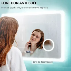 EMKE Miroir lumineux salle de bain 80x60cm,Interrupteur Tactile, Anti-buée, 3x Grossissement, Horloge,LED Lumière Blanche Froide