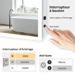 EMKE Miroir lumineux salle de bain 120x60cm, Miroir LED avec Interrupteur à bouton, Anti-buée, lumière Blanche Froide/Chaude* Miroir Lumineux