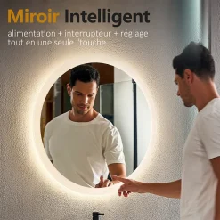 EMKE Miroir lumineux salle de bain rond diamètre 60cm, Miroir LED avec Interrupteur Tactile, Anti-buée, 3 couleurs de Lumières