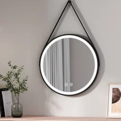 EMKE Miroir lumineux salle de bain rond 60cm cadre noir, Sangle réglable, Interrupteur Tactile, LED Lumière Froide/Chaude/Neutre
