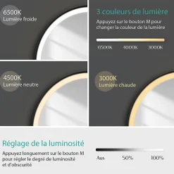 EMKE Miroir lumineux salle de bain rond 60cm cadre noir, Sangle réglable, Interrupteur Tactile, LED Lumière Froide/Chaude/Neutre