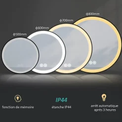 EMKE Miroir lumineux salle de bain rond 60cm cadre noir, Sangle réglable, Interrupteur Tactile, LED Lumière Froide/Chaude/Neutre