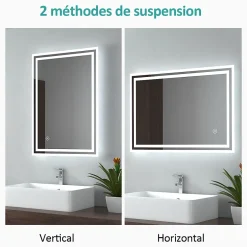 EMKE Miroir lumineux salle de bain 50x60cm, Miroir LED avec l'éclairage, Interrupteur Tactile, Anti-buée, Lumière Blanche Froide