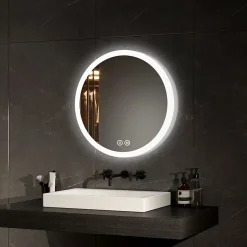 EMKE Miroir lumineux salle de bain rond diamètre 50cm, Miroir LED avec Interrupteur Tactile, Anti-buée, 3 couleurs de Lumières* Miroir Lumineux