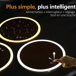 EMKE Miroir lumineux salle de bain rond diamètre 50cm, Miroir LED avec Interrupteur Tactile, Anti-buée, 3 couleurs de Lumières* Miroir Lumineux