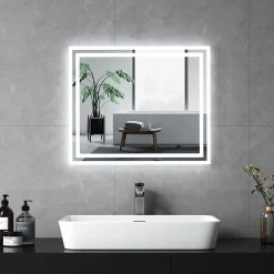 EMKE Miroir lumineux salle de bain 60x50cm,Miroir LED avec Interrupteur à bouton,Anti-buée,éclairage lumière Blanche Froide/Chaude