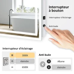 EMKE Miroir lumineux salle de bain 60x50cm,Miroir LED avec Interrupteur à bouton,Anti-buée,éclairage lumière Blanche Froide/Chaude