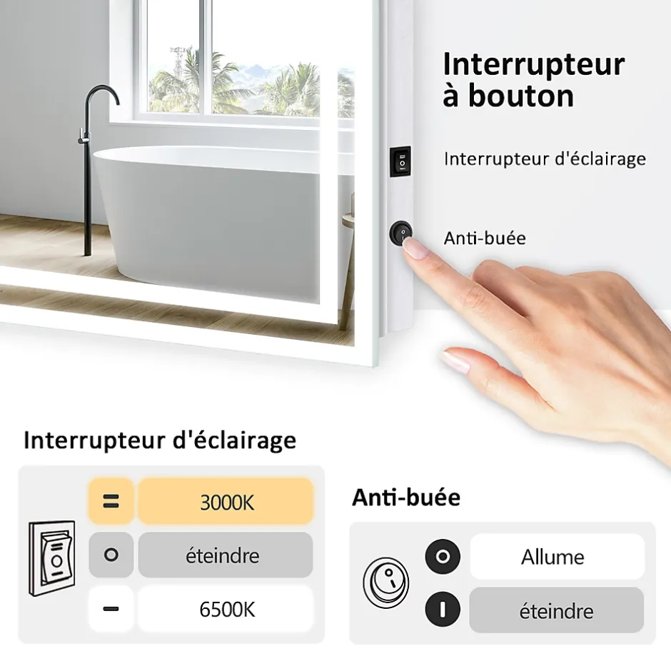 EMKE Miroir lumineux salle de bain 60x50cm,Miroir LED avec Interrupteur à bouton,Anti-buée,éclairage lumière Blanche Froide/Chaude