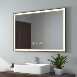 EMKE Miroir lumineux salle de bain 100x70cm,cadre noir,Interrupteur Tactile, Anti-buée, Horloge et Température, LED Lumière Neutre* Miroir Lumineux