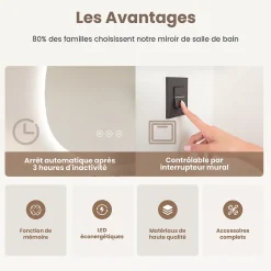 EMKE Miroir salle de bain avec éclairage, asymétrique, anti-buée, interrupteur tactile, 3 couleurs de lumière réglable, 65 x 45 cm