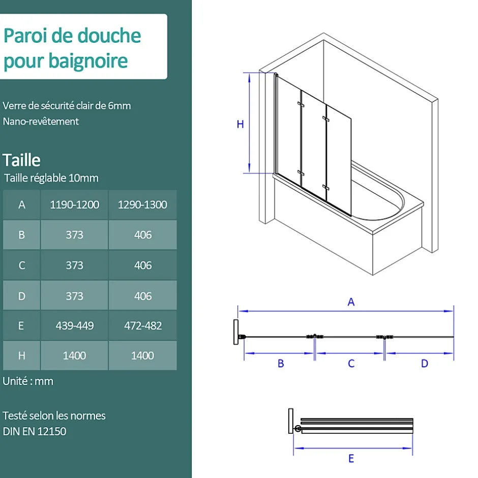 EMKE Pare de baignoire en 6 mm verre securit Paroi de douche pliable pour baignoire, 130x140cm,Revêtement Nano facile à nettoyer* Pare-Baignoire