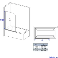 EMKE Pare de baignoire en 6 mm verre securit Paroi de douche pour baignoire 70 x 140 cm Revêtement Nano facile à nettoyer* Pare-Baignoire