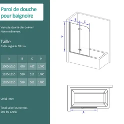 EMKE Pare de baignoire en 6 mm verre securit Paroi de douche pliable pour baignoire Revêtement Nano facile à nettoyer 100 x 140 cm