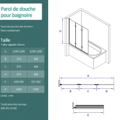 EMKE Pare de baignoire en 6 mm verre securit Paroi de douche pliable pour baignoire, 120x140cm,Revêtement Nano facile à nettoyer
