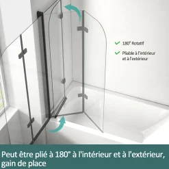 EMKE Pare-baignoire paroi de douche pour baignoire noir mat 2 parties pliable 110x140cm pare-baignoire 6mm NANO GLASS