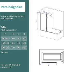 EMKE Pare-baignoire paroi de douche pour baignoire noir mat 2 parties pliable 110x140cm pare-baignoire 6mm NANO GLASS