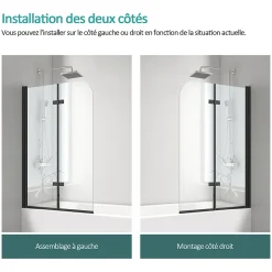 EMKE Pare-baignoire paroi de douche pour baignoire noir mat 2 parties pliable 100x140cm pare-baignoire 6mm NANO GLASS* Pare-Baignoire