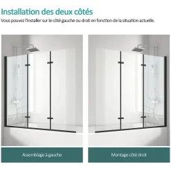 EMKE Pare-baignoire paroi de douche pour baignoire noir mat 3 parties pliable 120x140cm pare-baignoire 6mm NANO GLASS* Pare-Baignoire