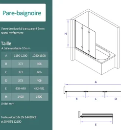 EMKE Pare-baignoire paroi de douche pour baignoire noir mat 3 parties pliable 120x140cm pare-baignoire 6mm NANO GLASS* Pare-Baignoire