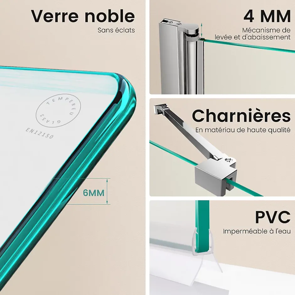 EMKE Paroi de douche pliable pour baignoire 100 x 140 cm, verre trempé 6 mm, cadre chromé