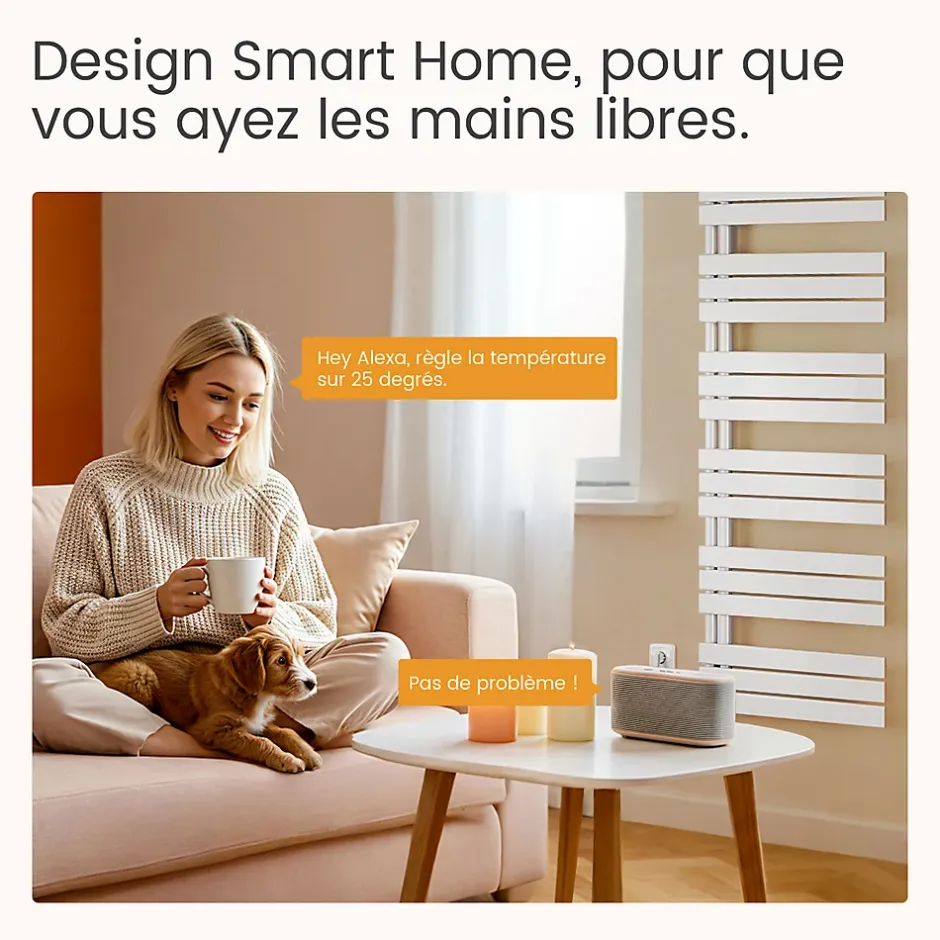 EMKE Radiateur Sèche-Serviettes Électrique 1041x600 mm, Blanc 600W, WiFi, Modes Intelligents, Détection Fenêtre