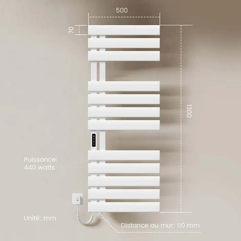 EMKE Radiateur sèche-serviettes électrique salle de bain avec thermostat, 130x50 cm, 450W, blanc brillant* Sèche-Serviettes Électrique