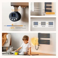EMKE Radiateur Sèche-Serviettes Électrique 1599x400 mm, Gris Anthracite 800W, WiFi, Modes Intelligents, IPX4