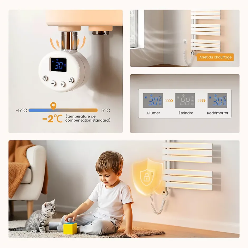 EMKE Radiateur Sèche-Serviettes Électrique 1320x500 mm, Blanc 800W, WiFi, Modes Intelligents, Détection Fenêtre