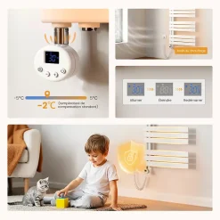 EMKE Radiateur Sèche-Serviettes Électrique 1599x500 mm, Blanc 1000W, WiFi, Modes Intelligents, Détection Fenêtre* Sèche-Serviettes Électrique