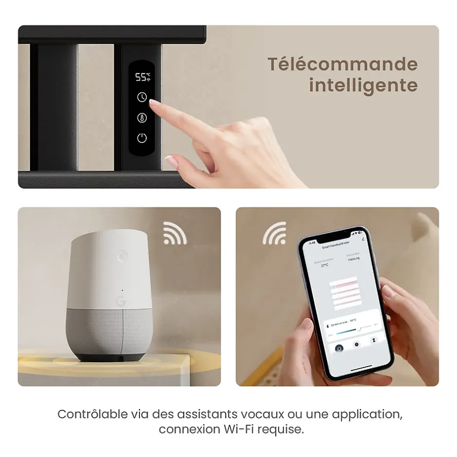 EMKE Radiateur sèche-serviettes électrique salle de bain avec thermostat, panneau chauffant, minuterie, 100x50 cm, 350W, noir mat