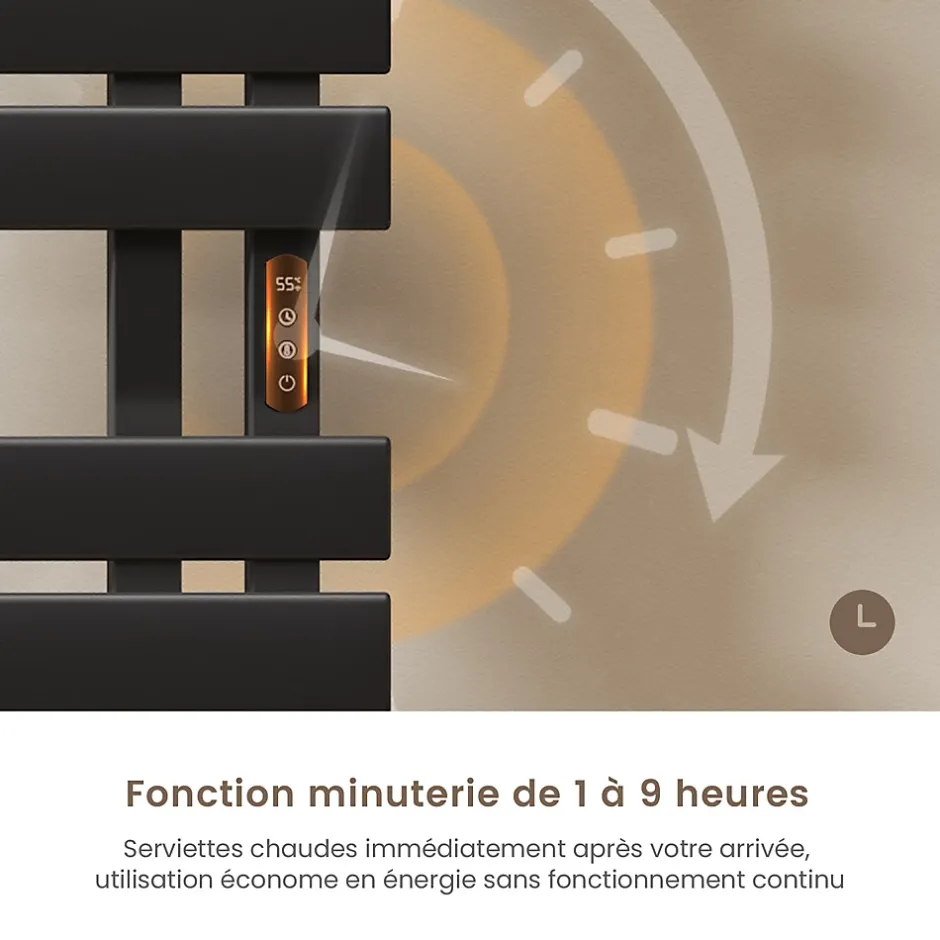 EMKE Radiateur sèche-serviettes électrique salle de bain avec thermostat, panneau chauffant, minuterie, 100x50 cm, 350W, noir mat