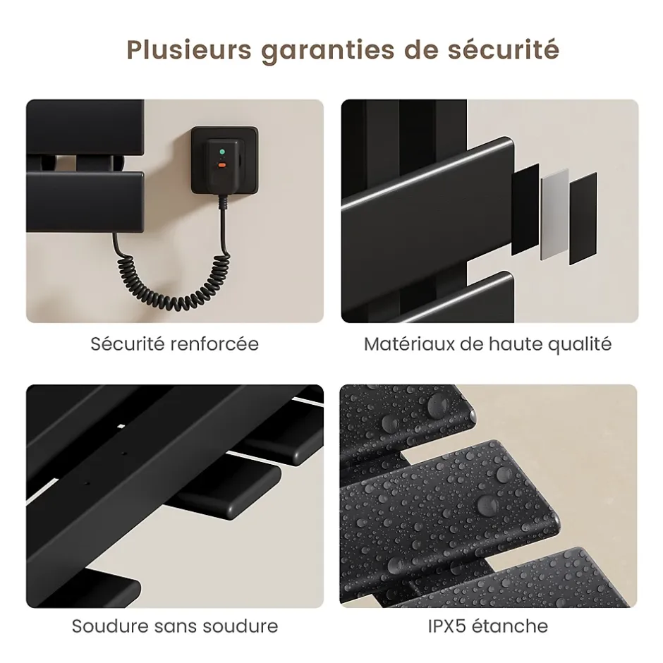 EMKE Radiateur sèche-serviettes électrique salle de bain avec thermostat, panneau chauffant, minuterie, 100x50 cm, 350W, noir mat