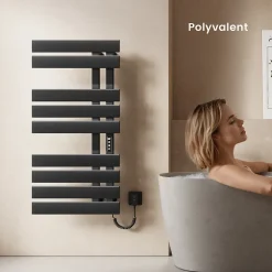 EMKE Radiateur sèche-serviettes électrique salle de bain avec thermostat, panneau chauffant, minuterie, 100x50 cm, 350W, noir mat