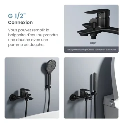 EMKE Robinet bain et douche noir mat, Mitigeur mural 21.2x18.3 cm, robinet salle de bain levier unique* Robinet Lavabo Et Vasque