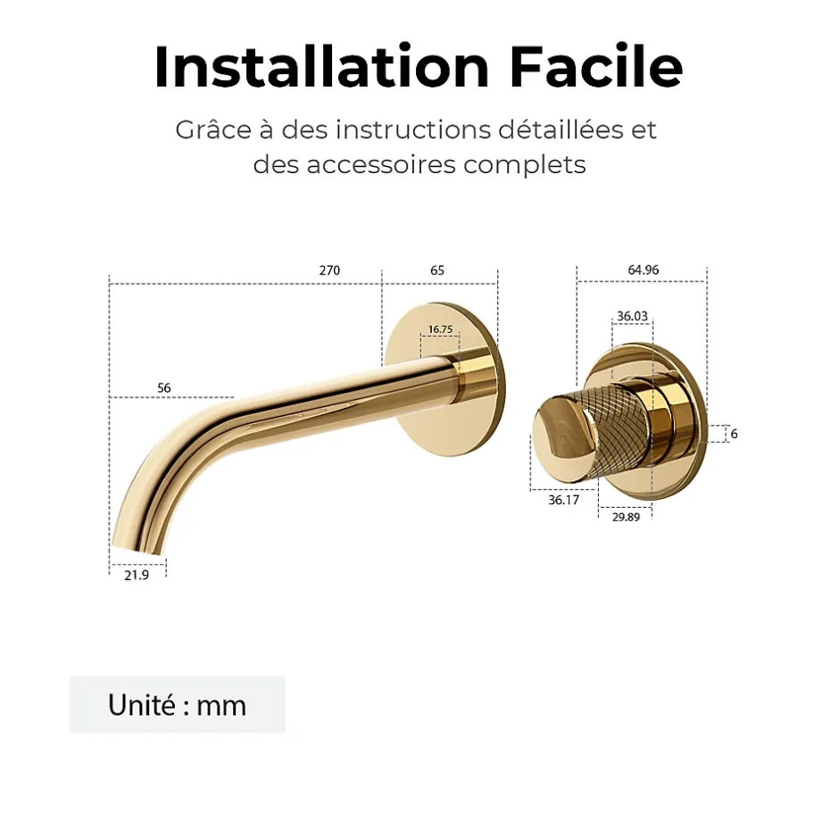 EMKE Robinet de Salle de Bain Modulaire,281x140x65mm,Corps en Laiton, Or Champagne,Mitigeur de lavabo mural,Cartouche en Céramique