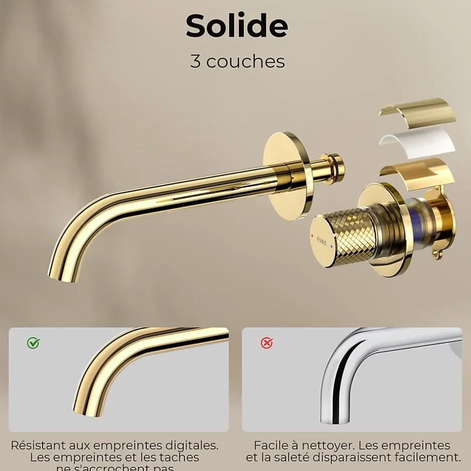 EMKE Robinet de Salle de Bain Modulaire,281x140x65mm,Corps en Laiton, Or Champagne,Mitigeur de lavabo mural,Cartouche en Céramique