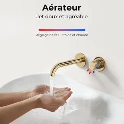 EMKE Robinet de Salle de Bain Modulaire,281x140x65mm,Corps en Laiton, Or Champagne,Mitigeur de lavabo mural,Cartouche en Céramique