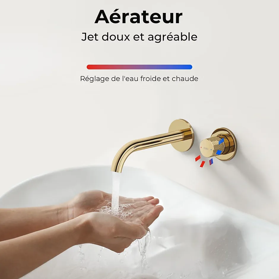 EMKE Robinet de Salle de Bain Modulaire,281x140x65mm,Corps en Laiton, Or Champagne,Mitigeur de lavabo mural,Cartouche en Céramique