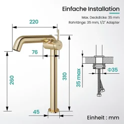 EMKE Robinet de Salle de Bain Or Champagne, 332x220x76 mm, Laiton, Cartouche Céramique, Mitigeur de Lavabo, Installation Facile* Robinet Lavabo Et Vasque