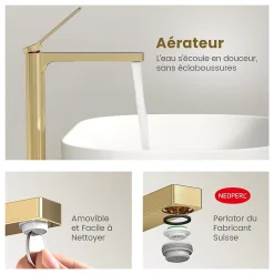 EMKE Robinet Lavabo Salle de Bain 335x233x46 mm Or Champagne, Mitigeur en Cuivre, Robinet de Cuisine , Cartouche Céramique* Robinet Lavabo Et Vasque