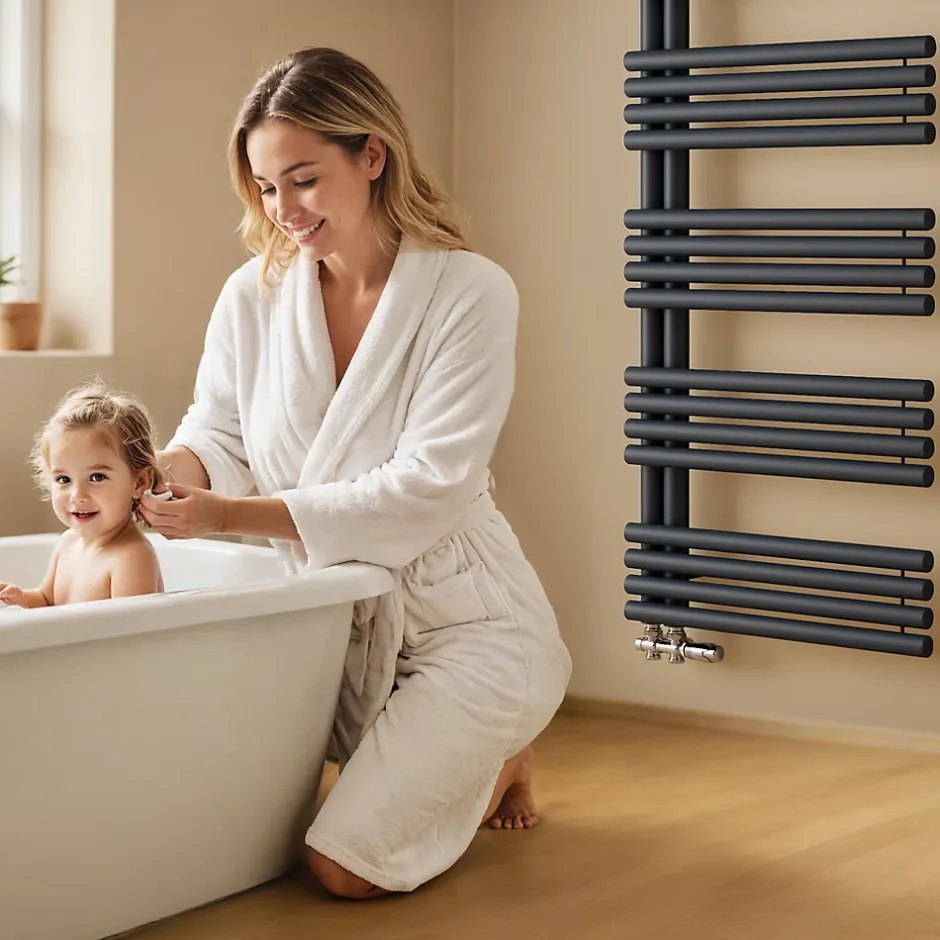 EMKE Sèche Serviettes à Eau Chaude pour Salle de Bain,127 x 60cm,Tuyaux Ronds Porte-Serviettes,Chauffe-Serviettes,Anthracite 776W* Sèche-Serviettes Eau Chaude