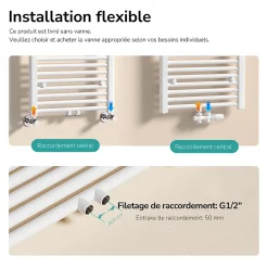 EMKE Sèche-serviette eau chaude, Radiateur sèche-serviettes raccordement central Blanc 120x60cm 598Watts* Sèche-Serviettes Eau Chaude