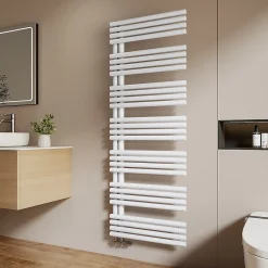 EMKE Sèche-Serviettes à Eau Chaude Design Rond, Chauffe-Serviettes Mural Blanc 1660x600mm 1075W* Sèche-Serviettes Eau Chaude
