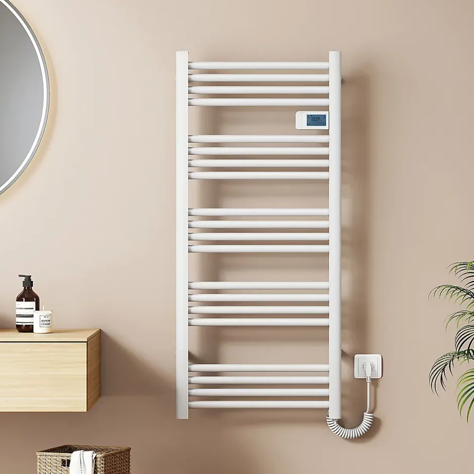 EMKE Sèche-Serviettes Électrique 1200 x 540 mm,Porte-serviettes de salle de bain avec interrupteur tactile et minuterie,Blanc,600W