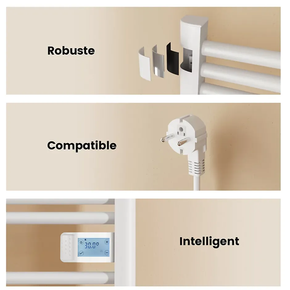 EMKE Sèche-Serviettes Électrique 1200 x 540 mm,Porte-serviettes de salle de bain avec interrupteur tactile et minuterie,Blanc,600W