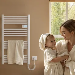 EMKE Sèche-Serviettes Électrique 1200 x 540 mm,Porte-serviettes de salle de bain avec interrupteur tactile et minuterie,Blanc,600W
