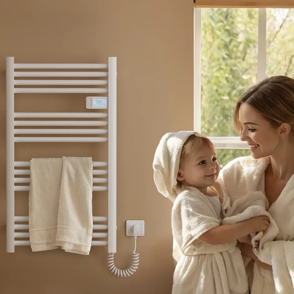 EMKE Sèche-Serviettes Électrique 1200 x 540 mm,Porte-serviettes de salle de bain avec interrupteur tactile et minuterie,Blanc,600W