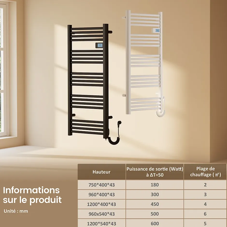 EMKE Sèche-Serviettes Électrique 1200 x 540 mm,Porte-serviettes de salle de bain avec interrupteur tactile et minuterie,Blanc,600W